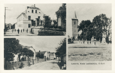 Historische Postkarte von Leisnitz mit Kirche, Pfarrhaus und Strassenzug